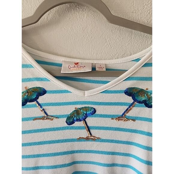 Quacker Factory Top Blouse Womens Size L Blue Striped Beach Florida Sequin - Picture 3 of 4